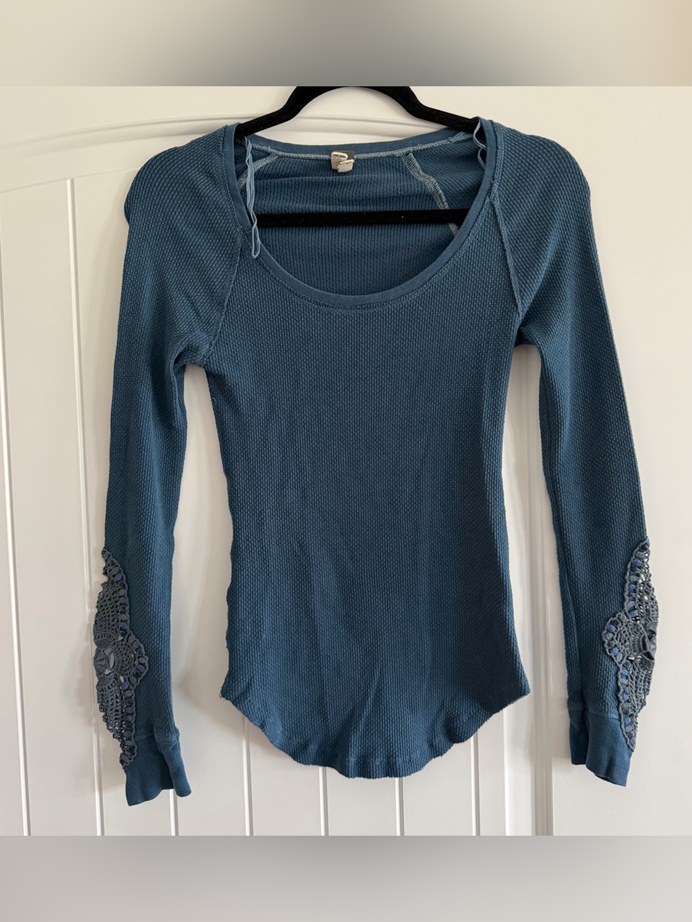 We The Free Free People Blue Waffle Knit Thermal Top Petite Small Boho